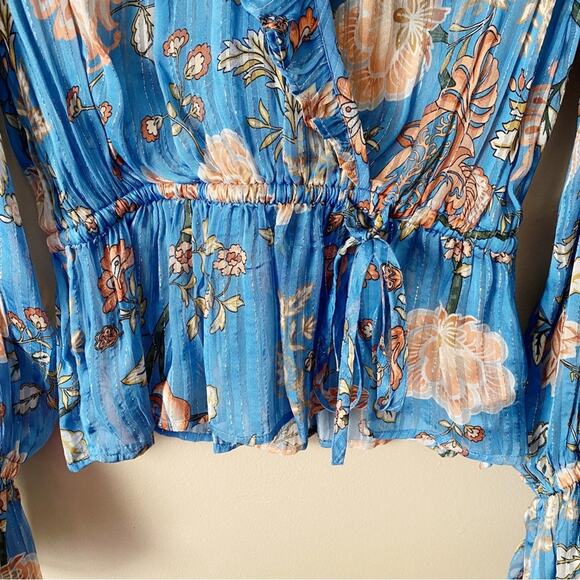 Ramy Brook | Veronica Floral Ruffled Peplum Blouse Top Long Sleeves Blue Small - Picture 6 of 9
